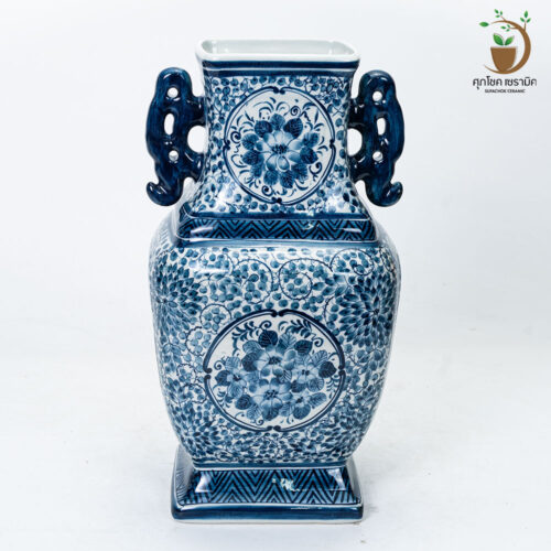 Alternative view of แจกันเซรามิค แจกันลายคราม ทรง 4 เหลี่ยม มีหู (ไซซ์สูง 40 CM)