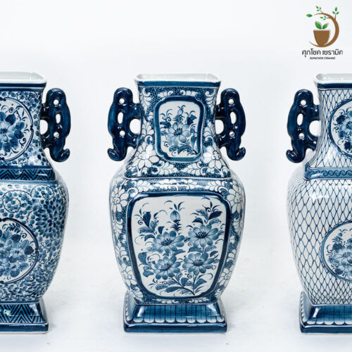 แจกันเซรามิค แจกันลายคราม ทรง 4 เหลี่ยม มีหู (ไซซ์สูง 40 CM)