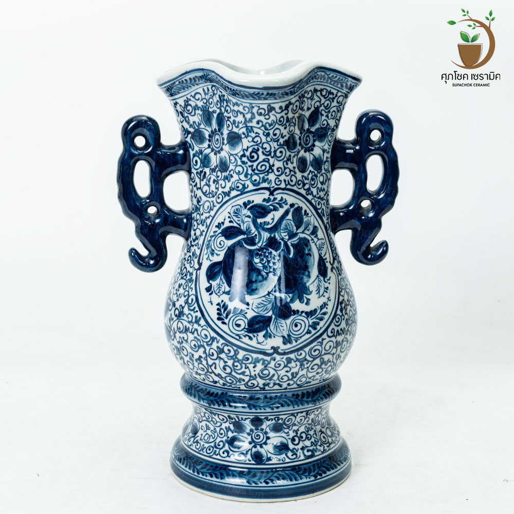 แจกันเซรามิค แจกันลายคราม ทรงปากจีบมีหู (ไซซ์สูง 30 CM) - Image 5