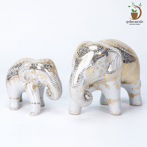 ตุ๊กตาเซรามิค ช้างตัวเล็ก (สูง 10 CM) ช้างตัวใหญ่ (สูง 14 CM) เขียนเส้นทอง น้ำทอง 11%